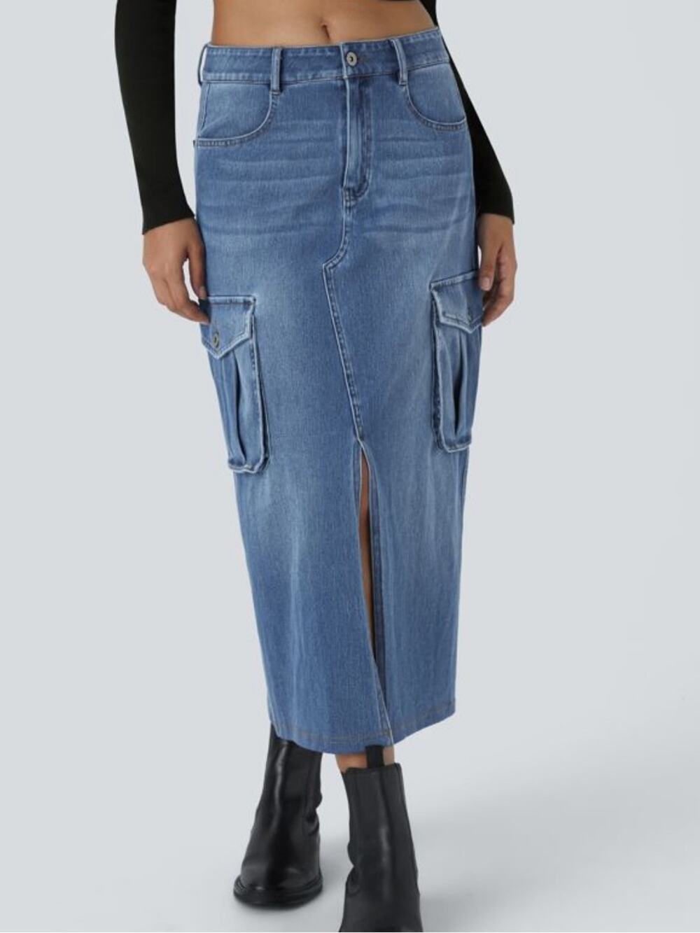 Halara Flex A-Line Denim Cargo Midi Skirt